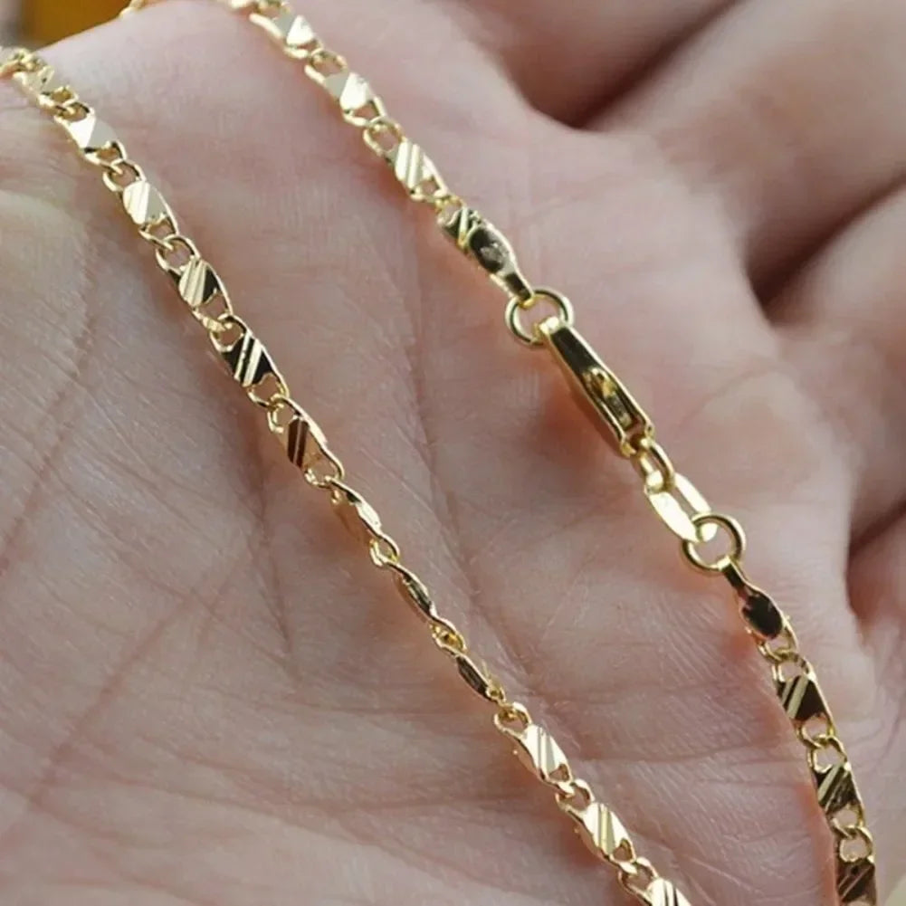 18k Gold Color Flat Chain Necklace 40-75cm for Women and Men Luxury Fashion Jewelry