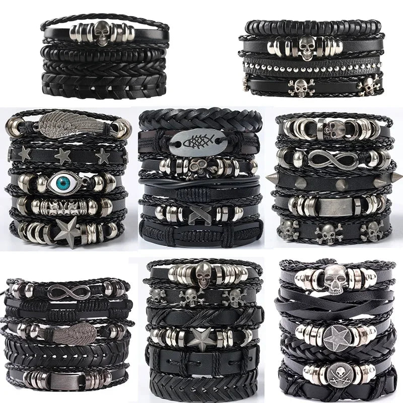 Punk Style Evil Eye Skull Bracelet Set with Adjustable PU Leather and Beads - 4/5/6 Pieces