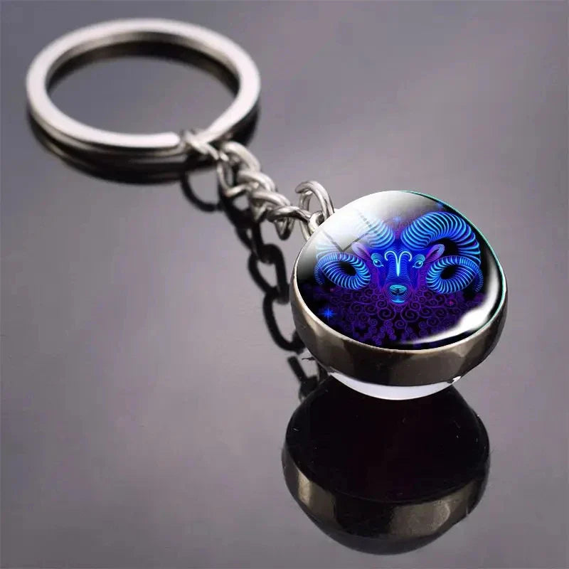 Luminous Zodiac Key Chain Double Sided Glass Ball Pendant for Men and Women Birthday Gift