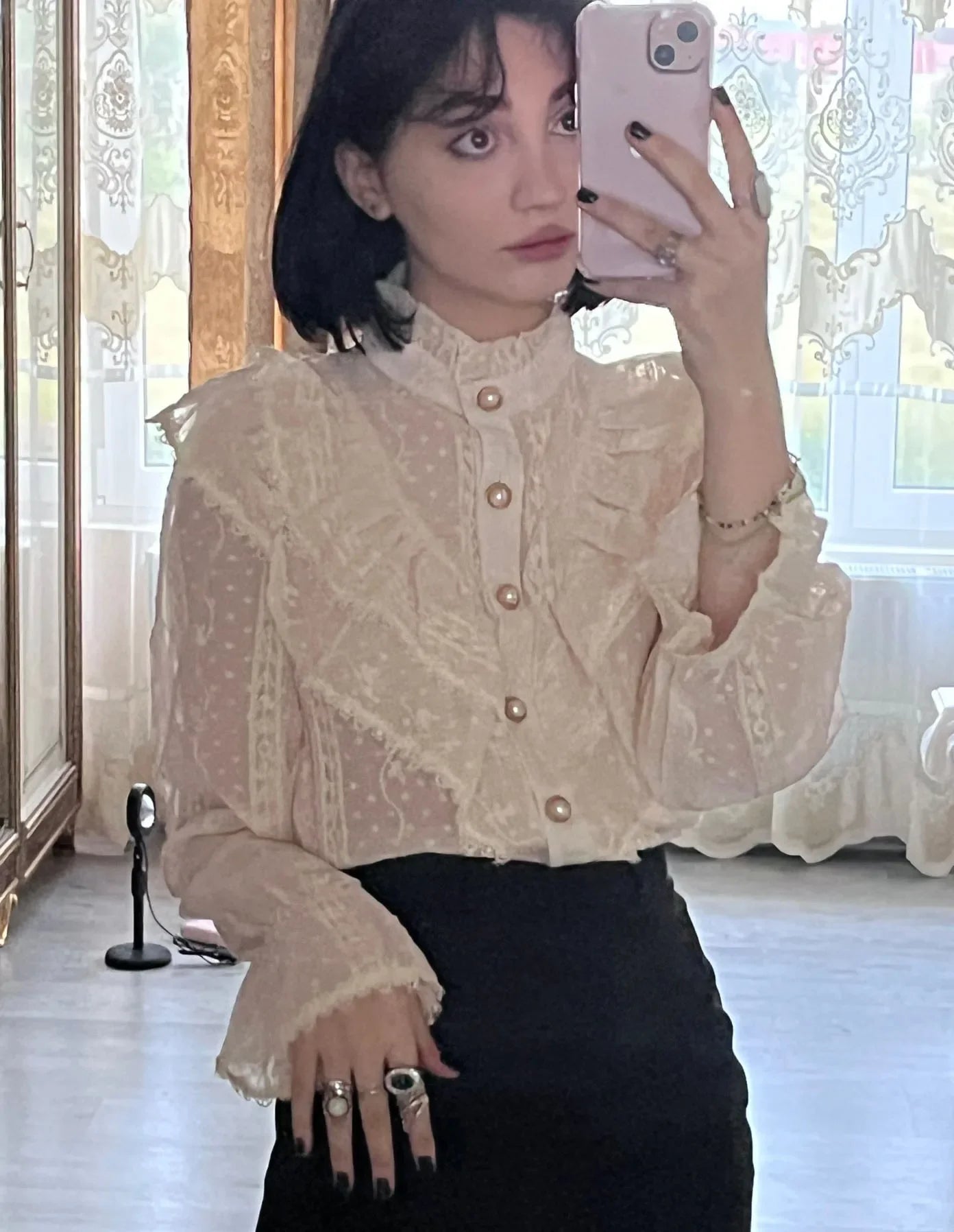 Elegant Women Long Sleeve Loose Button Shirt with Stand Collar Pleated Design Ruffle Lace Blouse Casual Spring Fashion Top