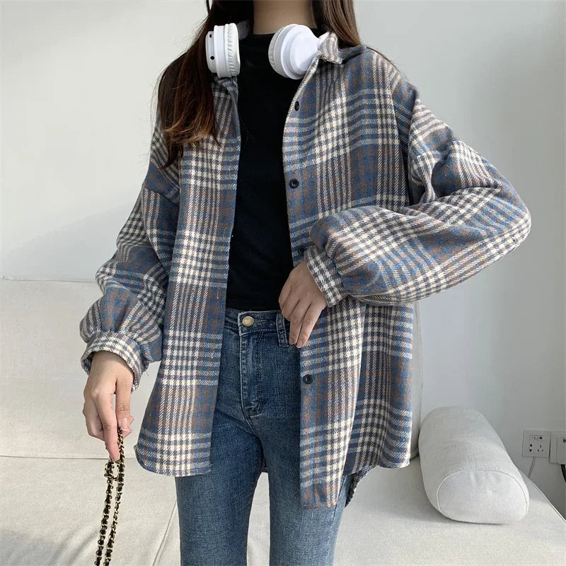 Women's Oversized Plaid Flannel Shacket Button Down Long Sleeve Check Shirt Jacket Cozy Fall Winter Layering Top