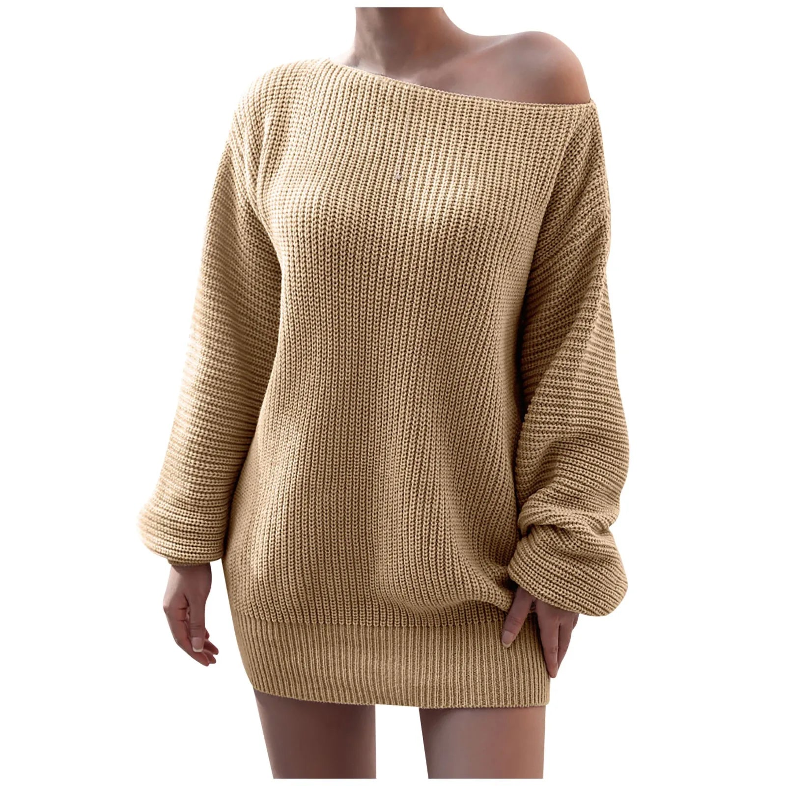 Casual Knit Sweater Dress With One Word Collar For Women