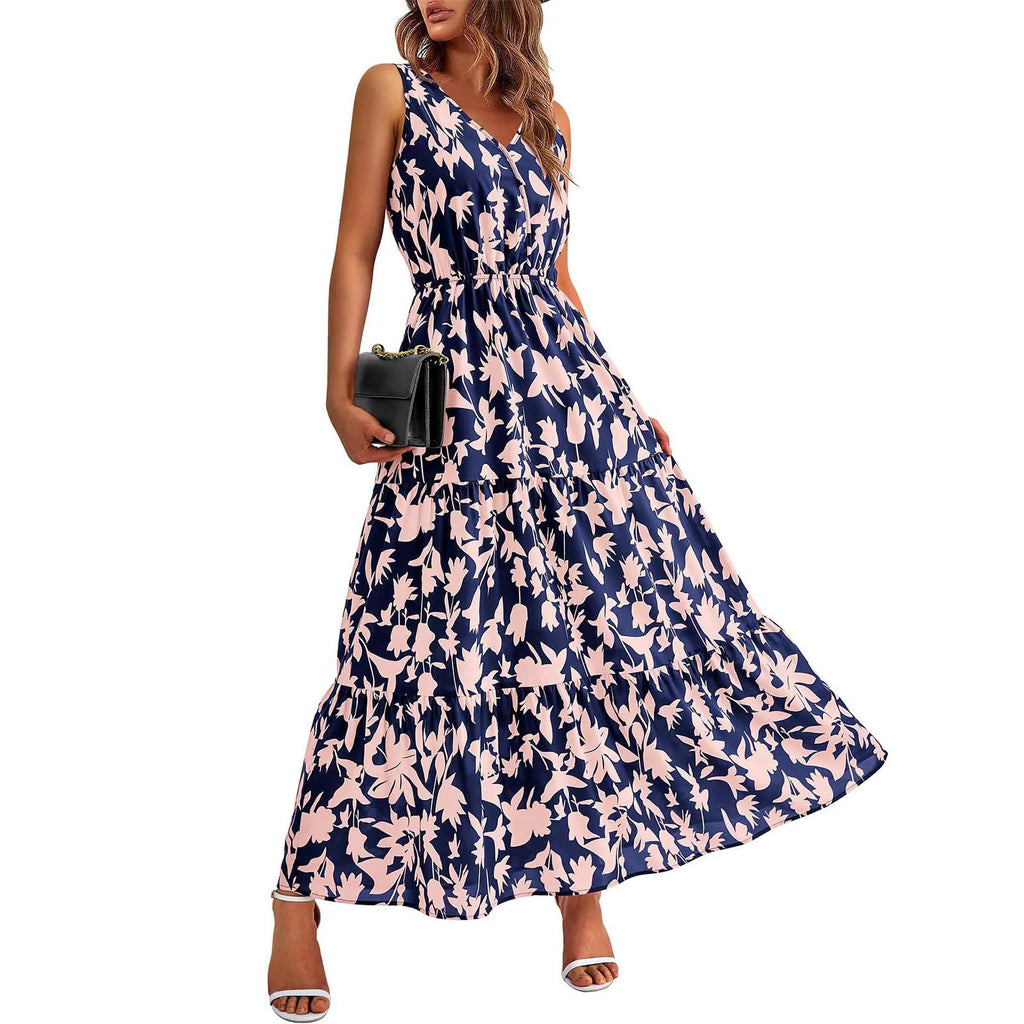 Floral Summer Dress With V Neck Suspender Flowing Fit