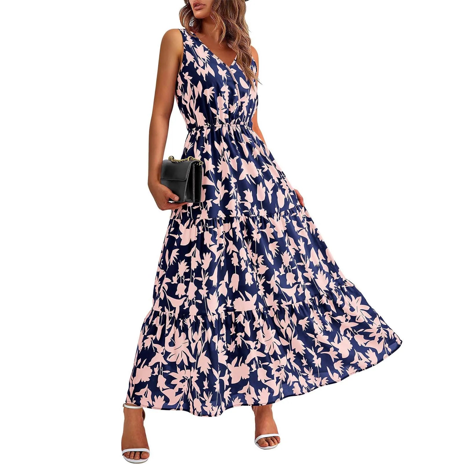 Floral Summer Dress With V Neck Suspender Flowing Fit