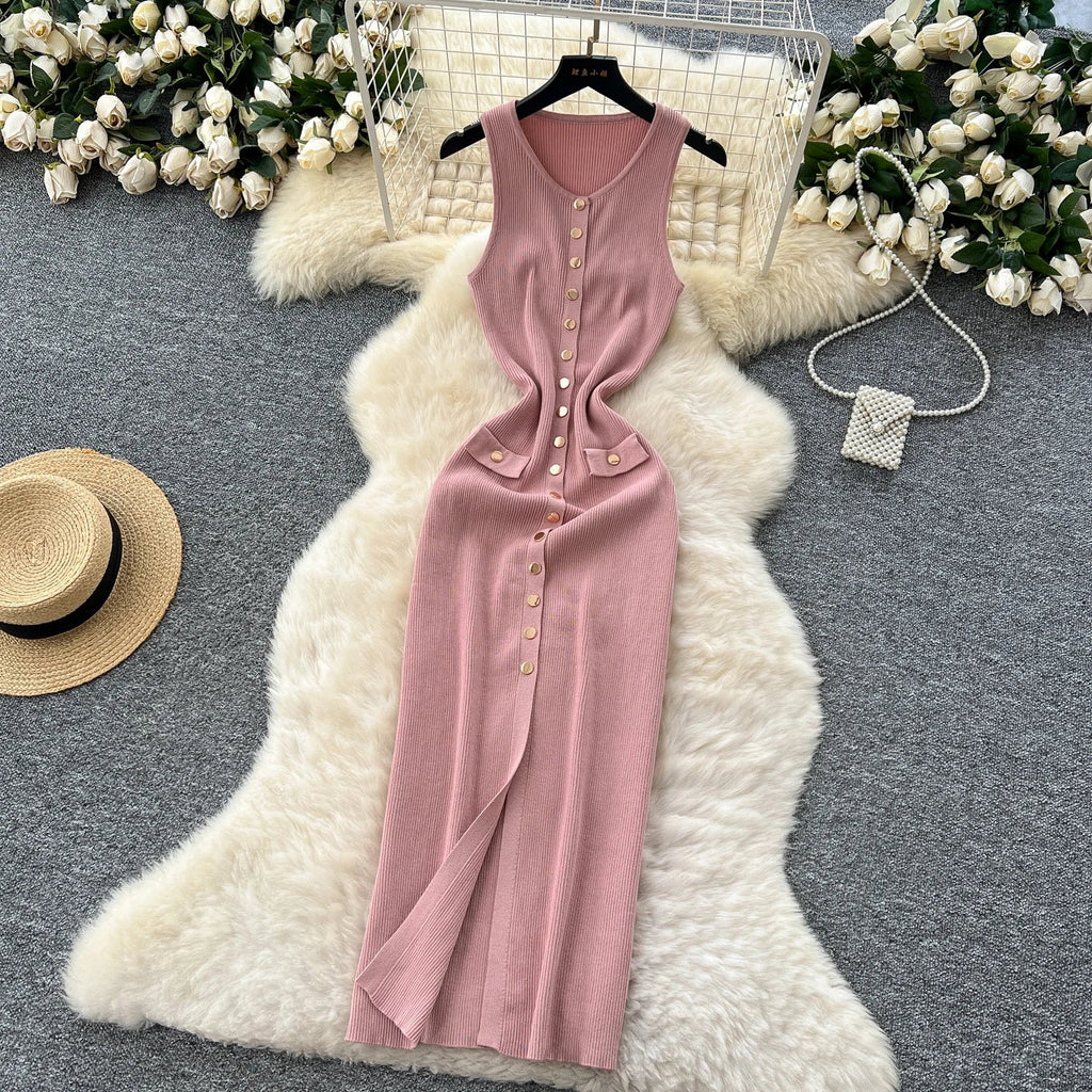 Elegant Solid Knitted O Neck Sleeveless Midi Dress Buttons