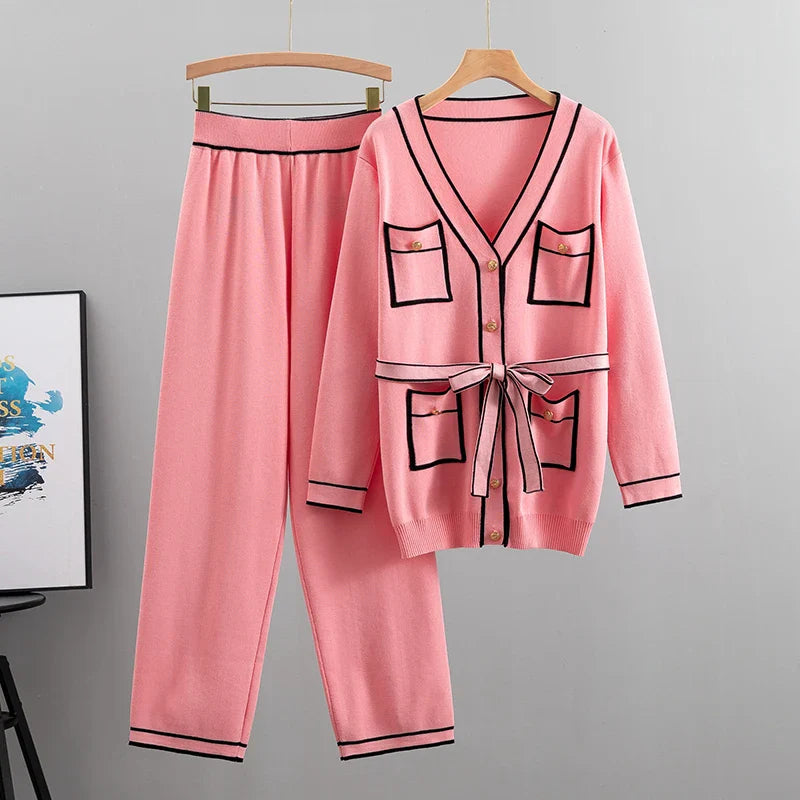 Autumn Elegant Two Piece Trouser Suit for Office Ladies with Long Sleeve Coat and Casual Wide Leg Trousers Set