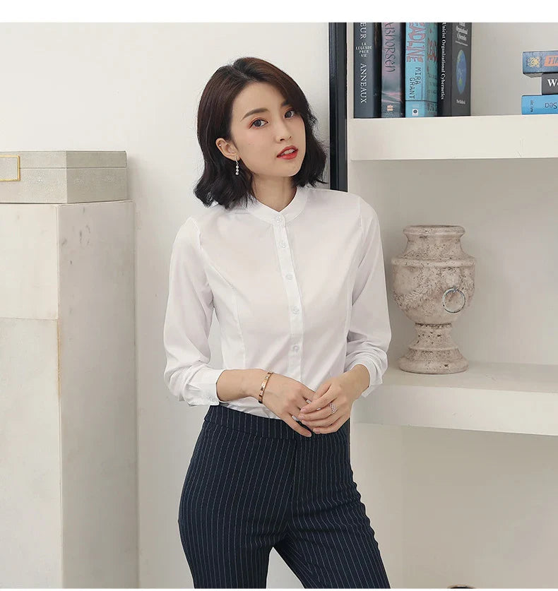 Women's Long Sleeve White Basic Shirt Blouse Stand Neck Tunic Button Up Office Work Top All Season