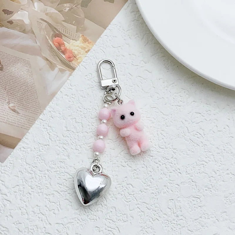Cute Flocking Cat Keychain 3D Love Pendant Headphone Charm Bag Decor Jewelry Gift