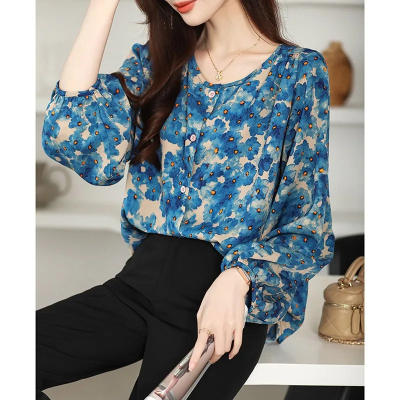 Floral Print Loose Fit Lantern Sleeve Chiffon Blouse Retro Long Sleeve Casual Women's Shirt Top