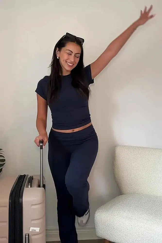 Casual Workout Two Piece Sets for Women Short Sleeve Crop Top and High Waist Flare Pants Tracksuit