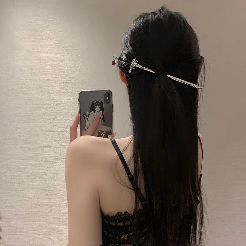Chinese Style Ruby Hairpin for Women Punk Hair Stick Ponytail Accessory