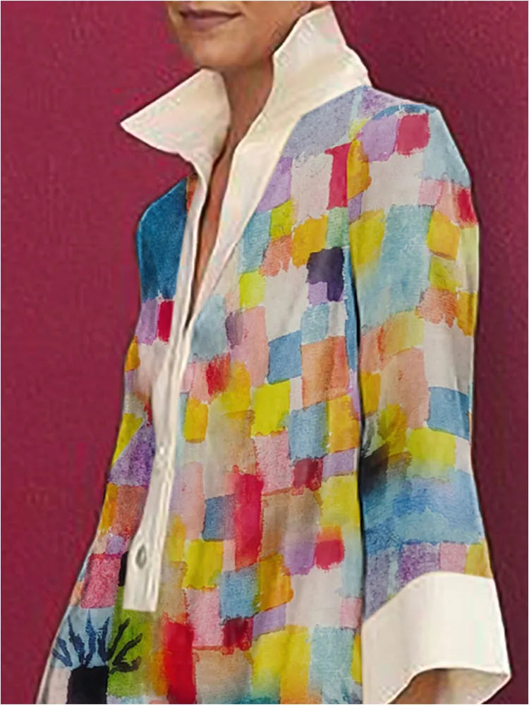 Casual Long Sleeve Printed Lapel Shirt Dress Mini Length