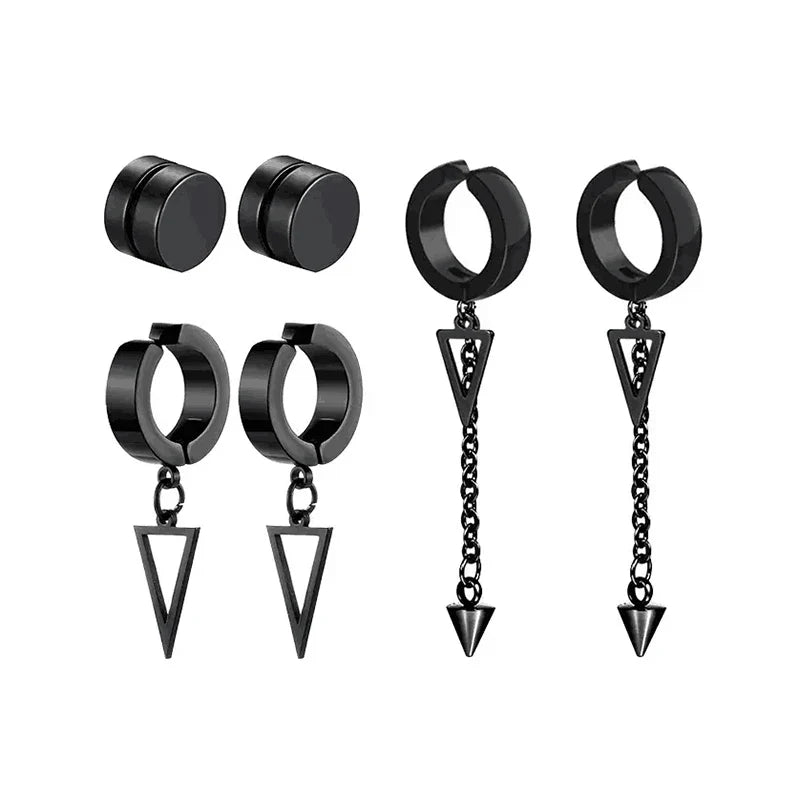 Men's Punk Cross Pendant Stainless Steel Magnetic Earrings Set - 5 Pairs Fashionable Earless Design