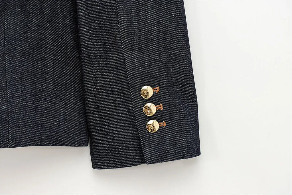 Women's Denim Jacket and Pants Set with Long Sleeve Blazer, Strapless Vest, and Straight Leg Jeans Fashion Outfit