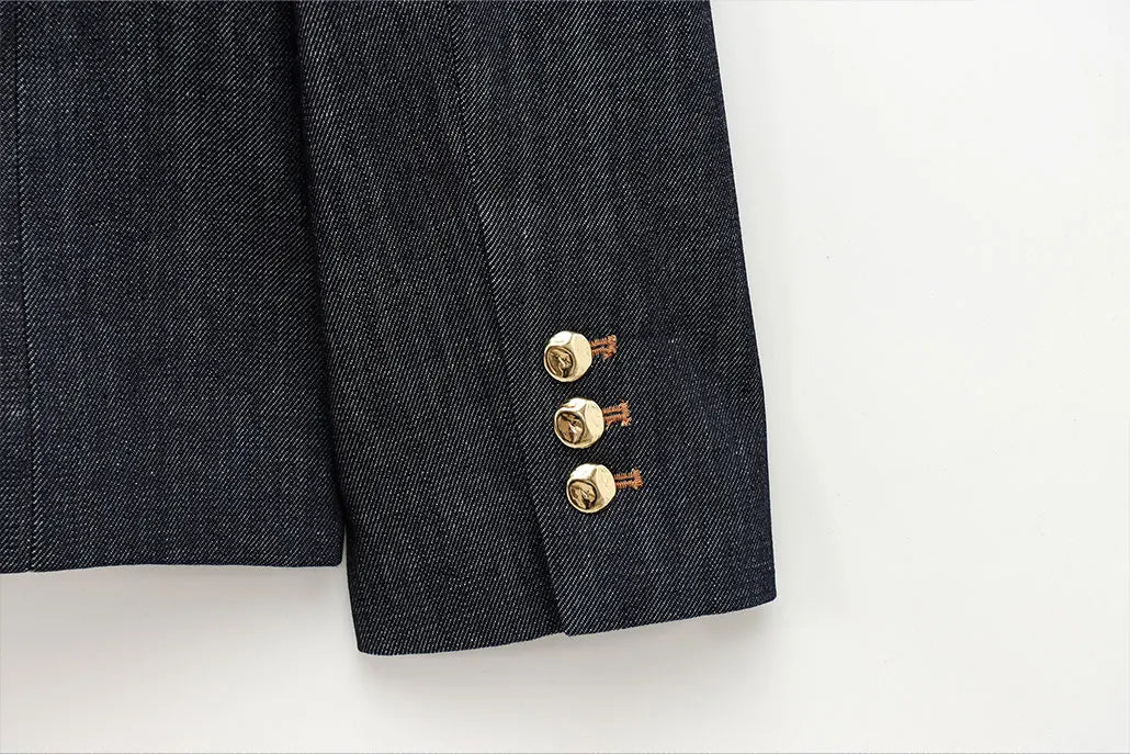 Women's Denim Jacket and Pants Set with Long Sleeve Blazer, Strapless Vest, and Straight Leg Jeans Fashion Outfit