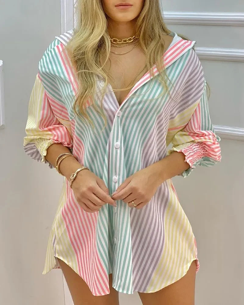 Women Casual Colorblock Striped Long Sleeve Button Up Tunic Shirt with Turn Down Collar Daily Wear Top