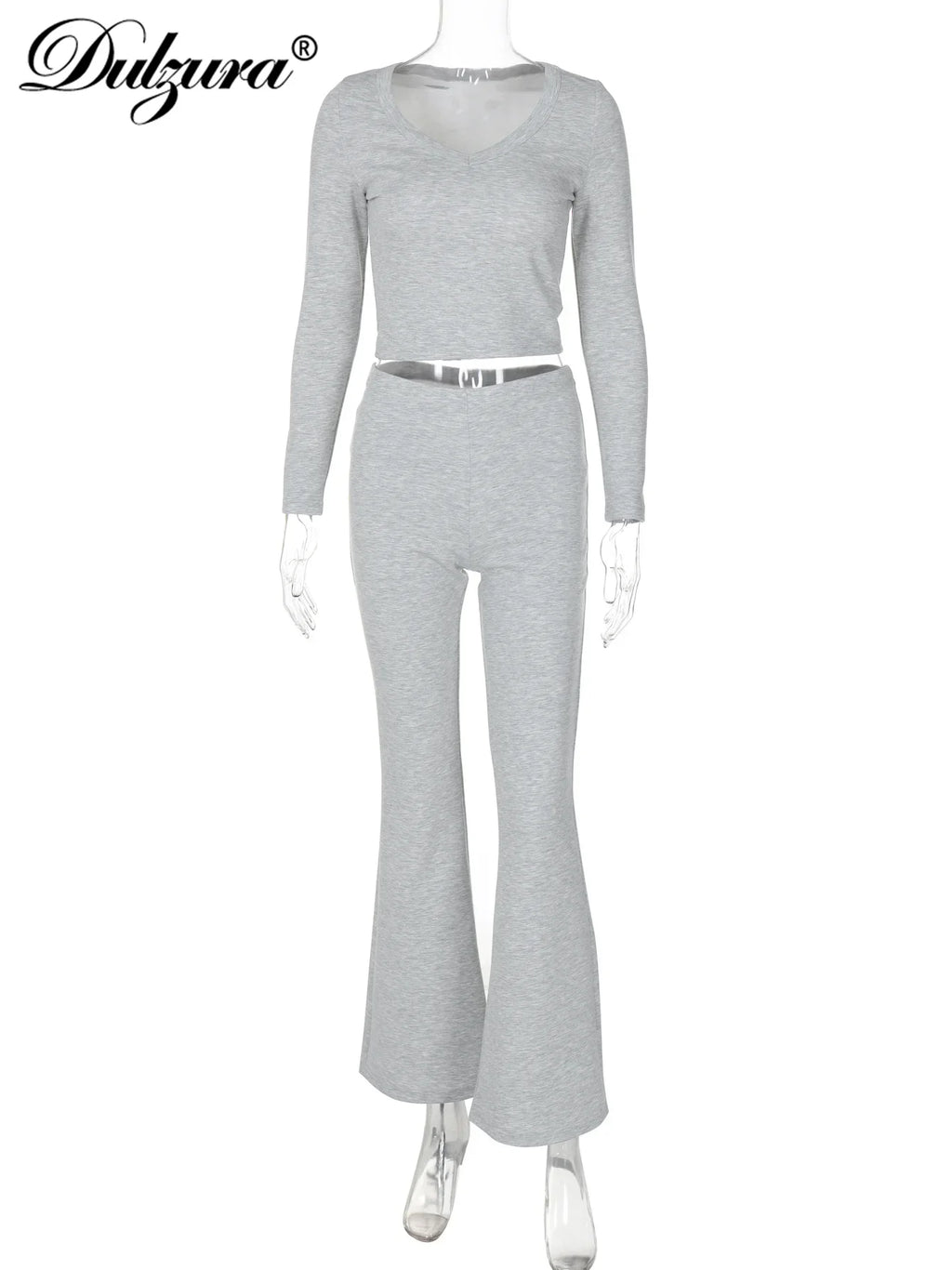 Women's Solid Casual Two Piece Pants Set with O-Neck Long Sleeve Crop Top and Flare Pants for Streetwear in Autumn and Winter