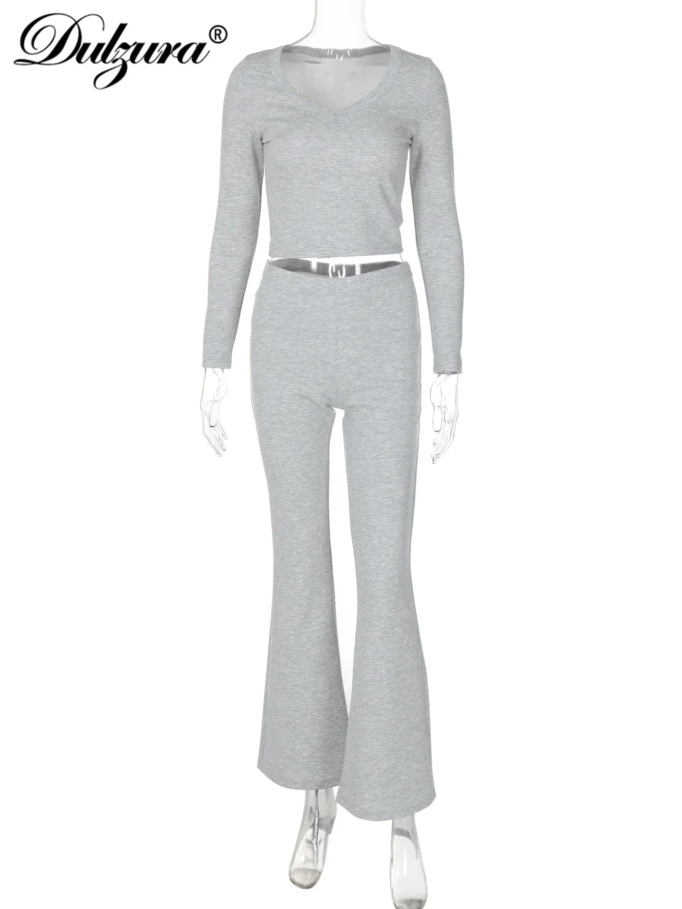 Women's Solid Casual Two Piece Pants Set with O-Neck Long Sleeve Crop Top and Flare Pants for Streetwear in Autumn and Winter