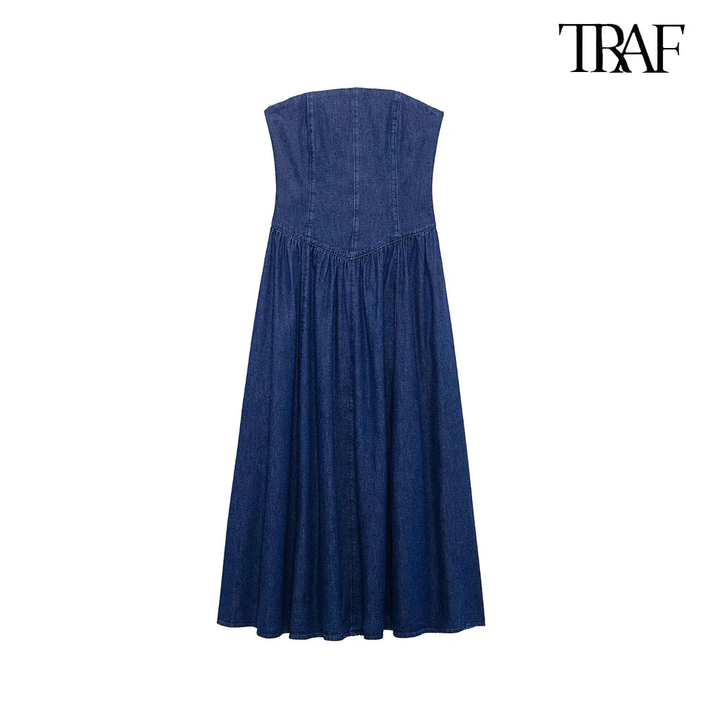 Denim Sheath Party Dress With Drawstring Navy Back Zipper