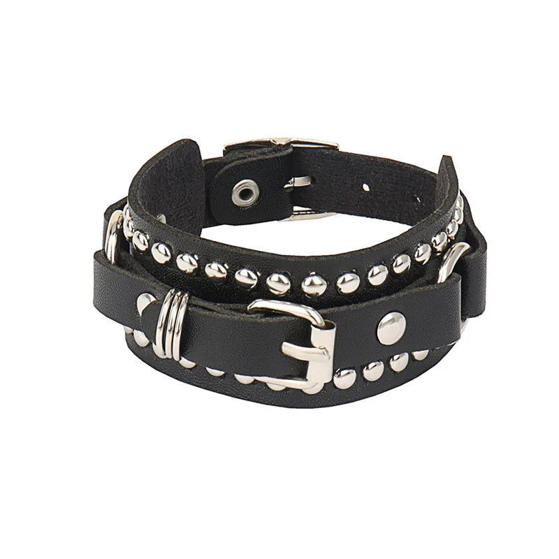 90s Fashion Punk Style Spiked PU Leather Bracelet with Square Studs and Multi-Row Design