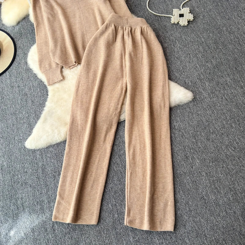 Cozy Knitted Two-Piece Women's Tracksuit Set with V-Neck Sweater and Straight Jogging Pants Autumn Winter Lounge Wear