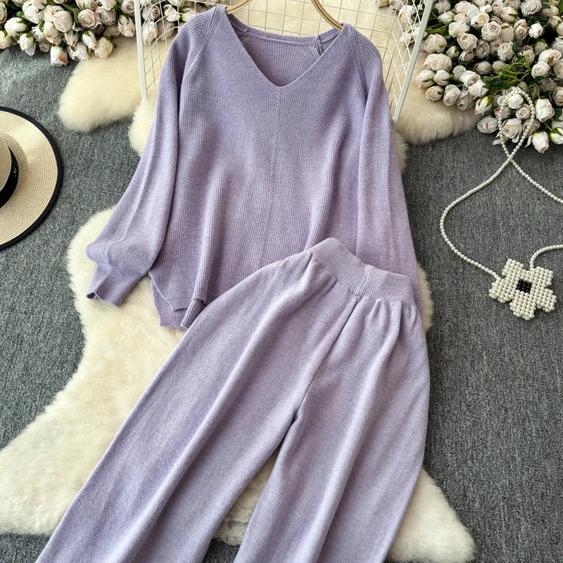 Knitted V-Neck Sweater and Straight Jogging Pants Women's Tracksuit Set