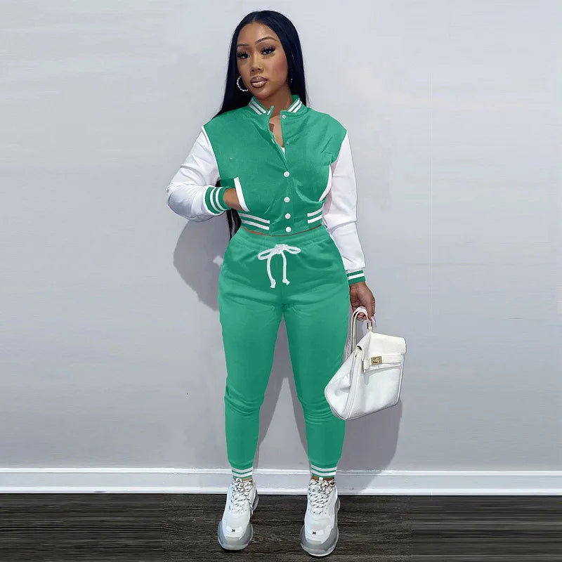 Women's Stitching Baseball Jacket Two-Piece Sports Suit