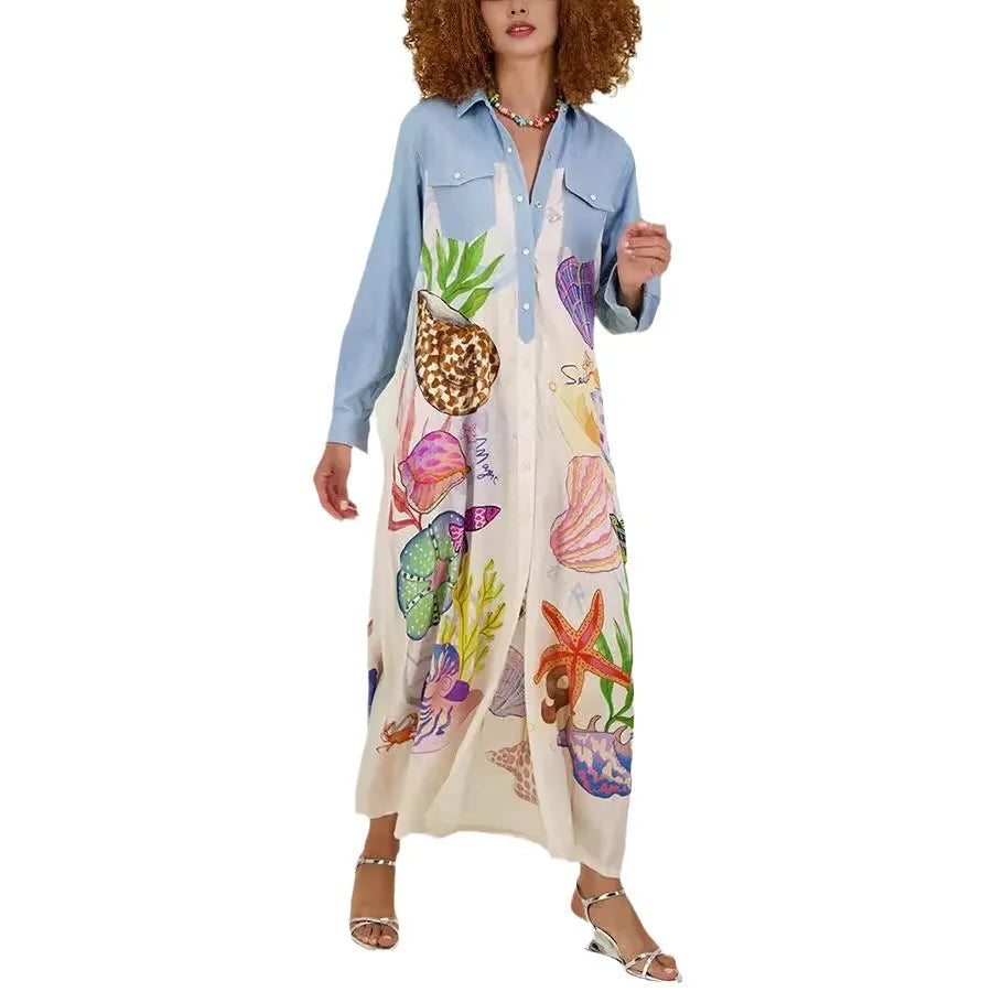 Personality Printed Long Sleeve Single Breasted Shirt with Lapel Collar and Skirt Set for Women