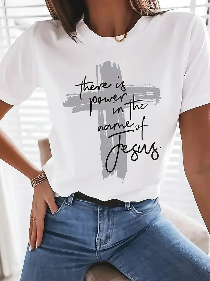 Cross and Letter Print Casual Summer Tee for Women, Short Sleeve Crew Neck T-Shirt