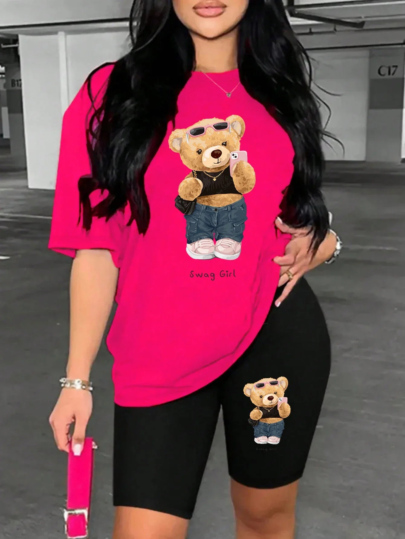 Cute Plush Bear Two Piece Women's Shorts and Short Sleeve T-Shirt Set Soft Cotton Blend Comfy Casual Lounge Wear Stylish Sporty Outfit