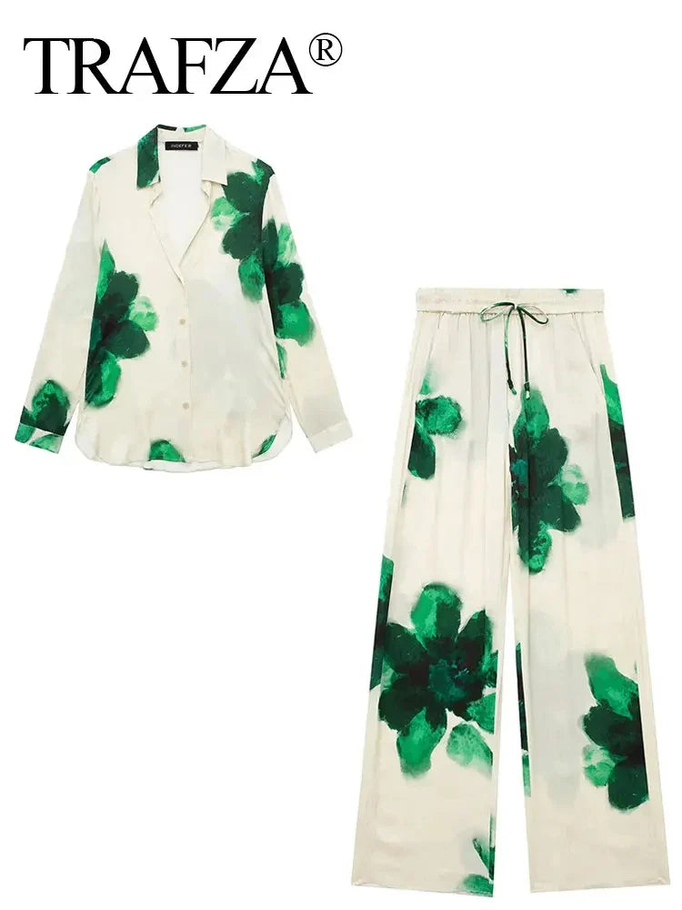 Elegant Floral Print Two-Piece Suit for Women Long Sleeve Lapel Blouse and Drawstring Wide Leg Pants Casual Summer Outfit