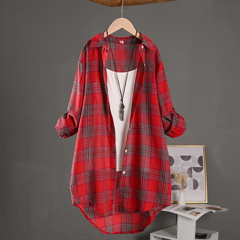 Women's Lightweight Cotton Linen Plaid Shirt Mid-Length Loose Jacket with Sun Protection for Spring and Summer Outerwear