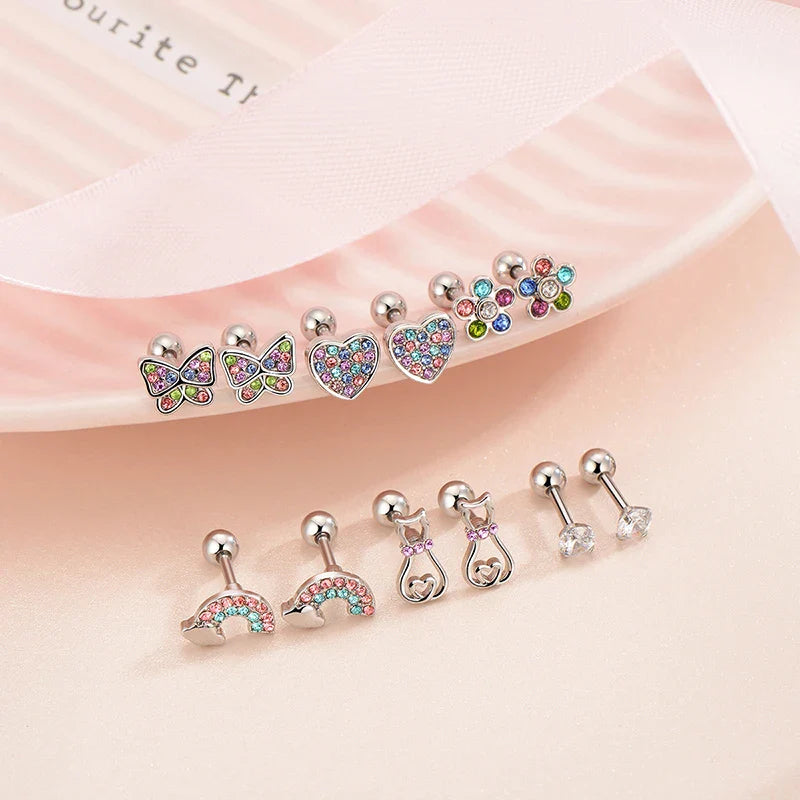 Hypoallergenic Screwback Earrings Set for Women and Girls, 316L Stainless Steel Cute CZ Studs, 20G, 6 Pairs