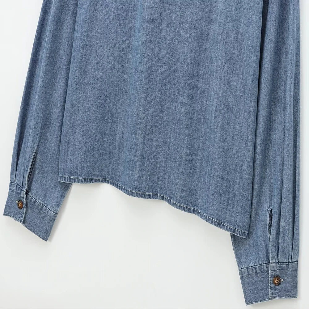 Women's Blue Denim Shirt With Stand Collar Bow Detail Single Breasted Long Sleeve Loose Fit Sweet Solid Casual Top