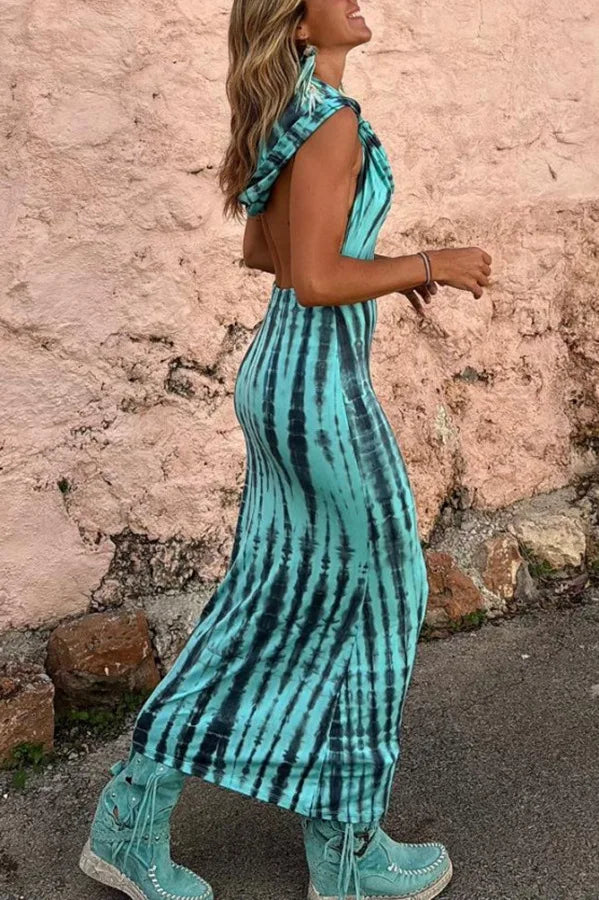 Open Back Maxi Dress Hooded Tie Dye Ethnic Style Chic