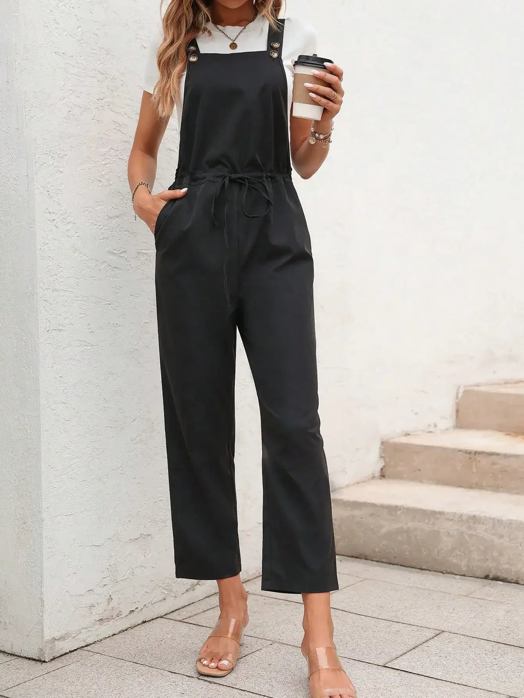 Elegant Stylish Women's Romper with Suspender Top Button Embellishment and Waist Drawstring Casual Jumpsuit