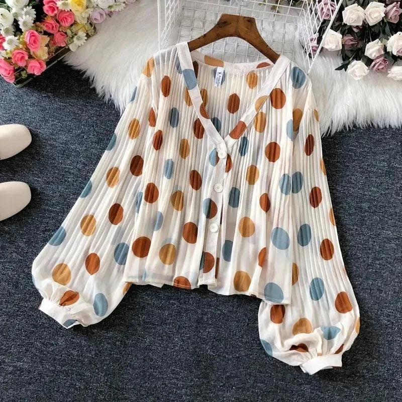 Polka Dot Casual V-Neck Chiffon Blouse with Single Breasted Button and Lantern Sleeve Folds Lightweight Women's Top