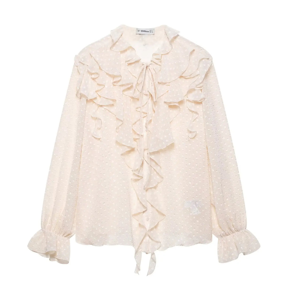 Women's Cascading Ruffles Polka Dot Chiffon Blouse Full Sleeve Office Shirt Elegant Business Top