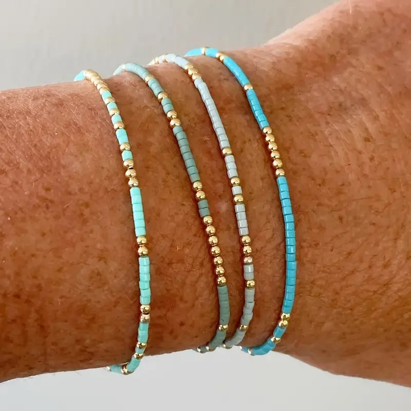 4 Piece Turquoise Seedbead Stretch Bracelet Set for Women - Handmade Bohemian Elastic Jewelry with Gold Color Glass Beads