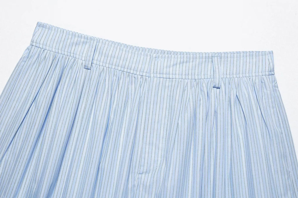 Women's Chic Two-Piece Blue Striped Long Sleeve Shirt and Front Zipper Mini Skirt Set