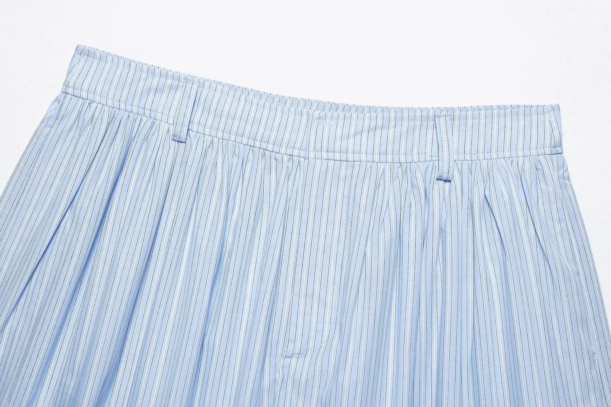 Women's Chic Two-Piece Blue Striped Long Sleeve Shirt and Front Zipper Mini Skirt Set