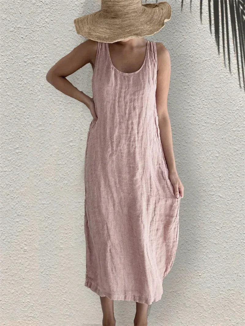 Women Cotton Linen Dress With Side Pockets O Neck Sleeveless