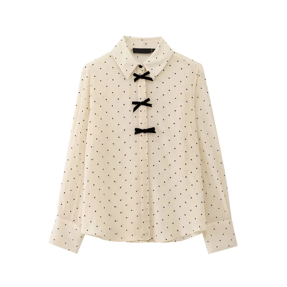 Velvet Bow Accent Single Breasted Flip Collar Long Sleeve Casual Shirt for Women