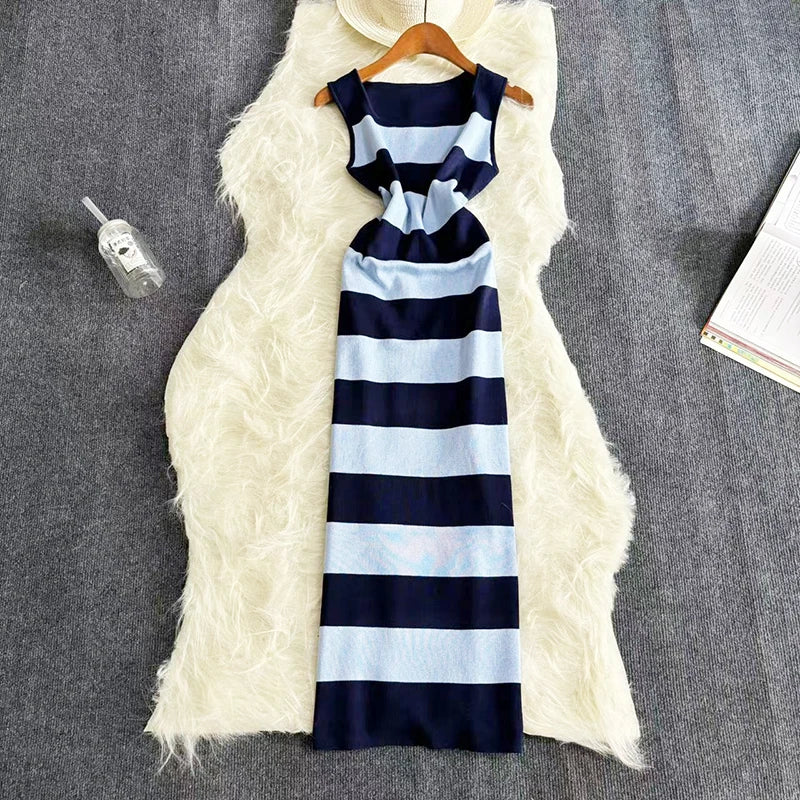 Striped Knitted Maxi Dress Square Neck Sleeveless Bodycon