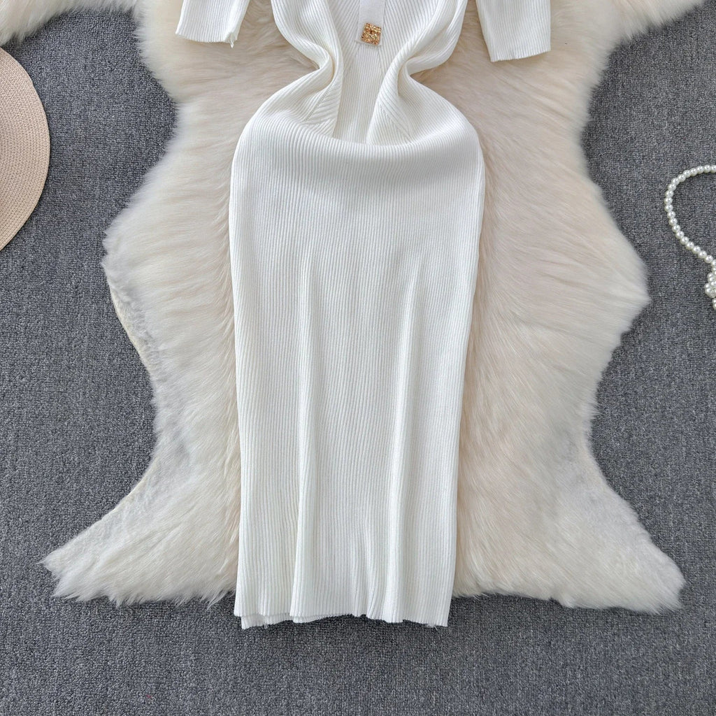 Knitted Bodycon Dress Women Square Collar Summer Long Dress