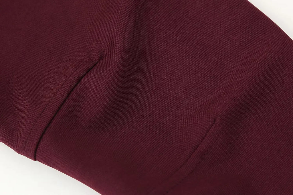 Casual Chic Red Women Elastic Suit with Long Sleeve O Neck Slim Top and High Waist Wide Leg Pants Fashion Set