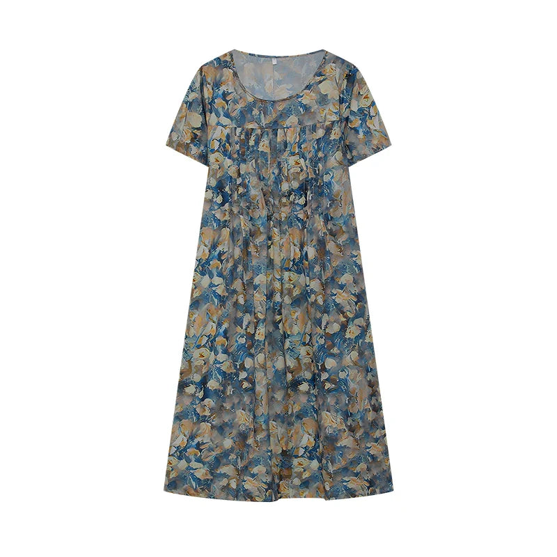 Elegant Swing Dress Round Neck Short Sleeve Printed