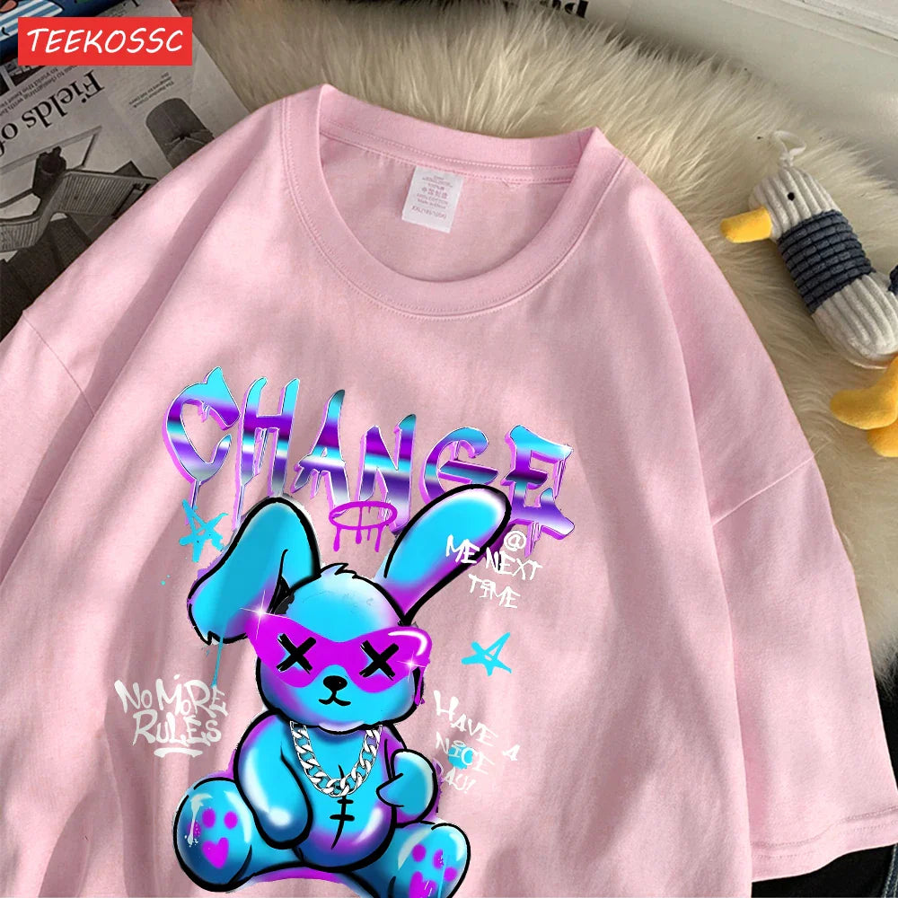 Trendy Cartoon Rabbit Print Summer T-Shirts for Women in Soft Cotton Short Sleeve Loose Fit Casual Tops