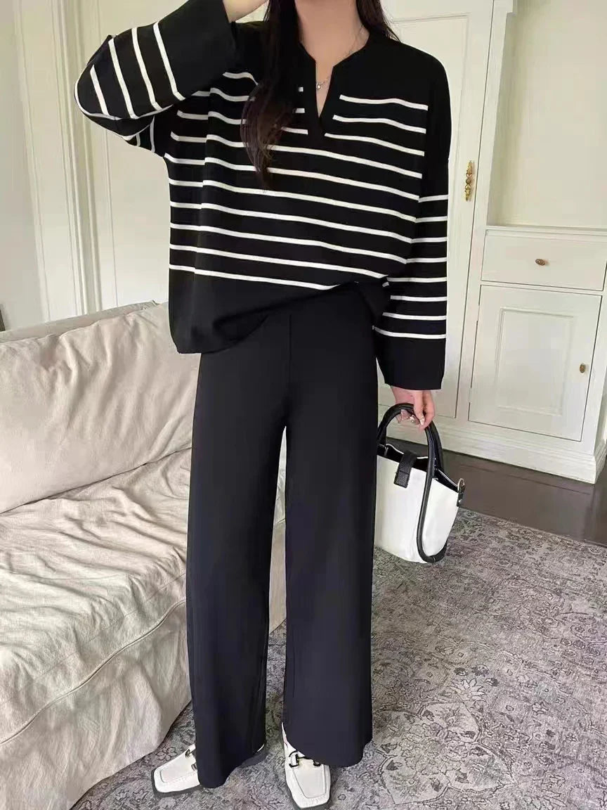 Women's Winter Sweater Set with Stripe Knit Pullover and Wide Leg Pants for Casual Elegance