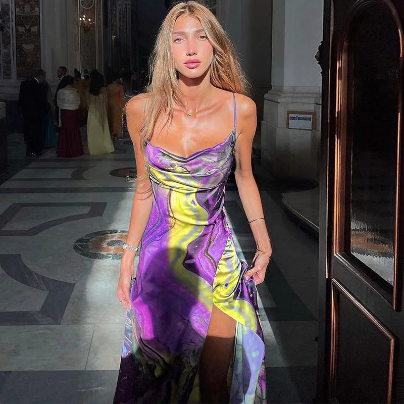 Backless Summer Print Dress with Slit and Spaghetti Straps